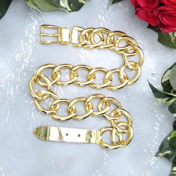 Vintage Gold Tone Cuban Chain Link Belt Buckle Closure Waist Belt 80s 90s Y2K - Picture 1 of 7